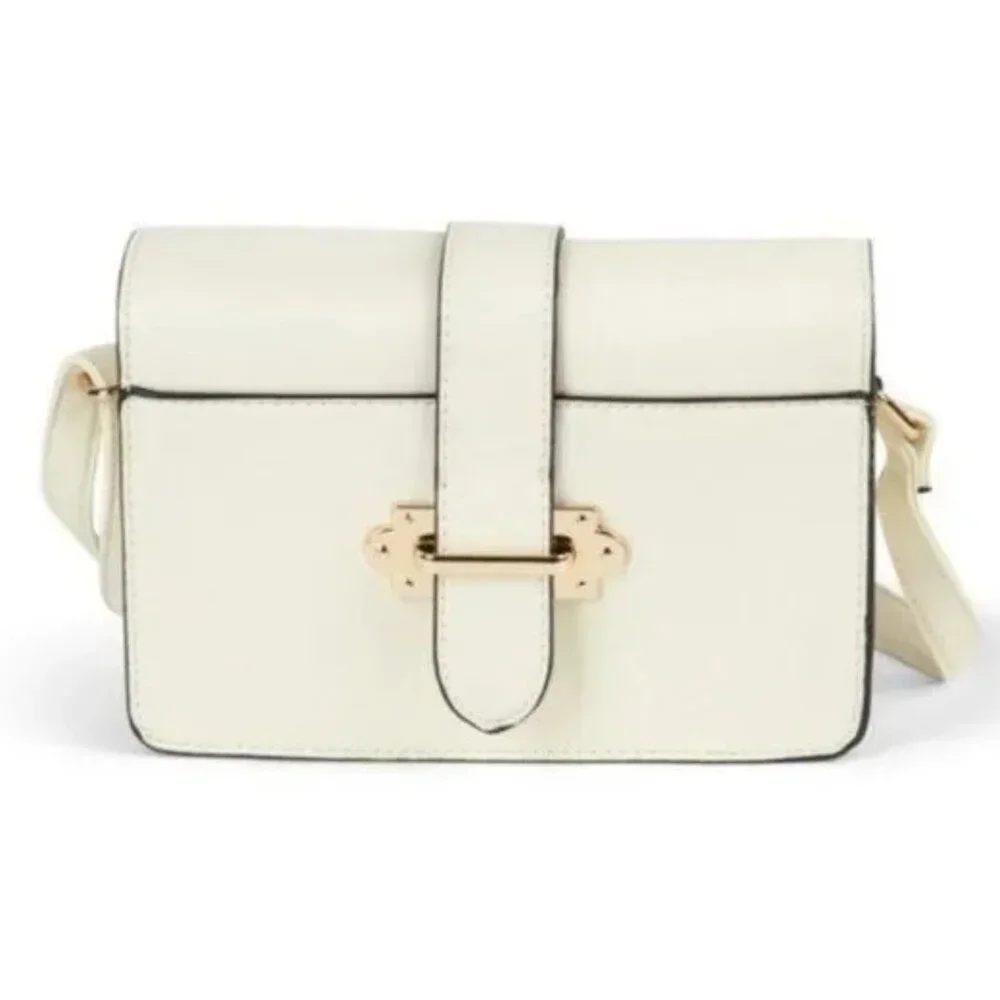 Ivory White Vegan Leather Crossbody Satchel with Clasp - Picture 2 of 4